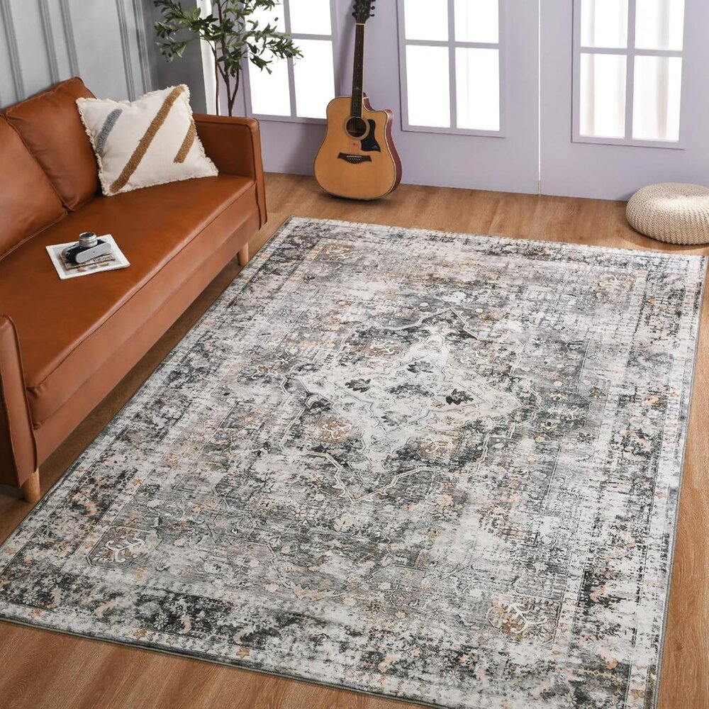 5x7 Gray Washable Area Rug, Vintage Floral Non-Slip Thin Carpet for Room Decor